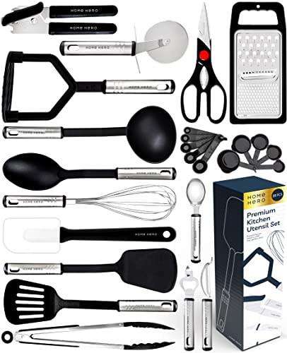 Kitchen Utensils Set - Non-Stick Heat Resistant Cooking Utensils Set - Spoons Turners Spatula Ladle Set - Kitchen Tools Gadgets Accessories (25 pcs Nylon Set - Black)