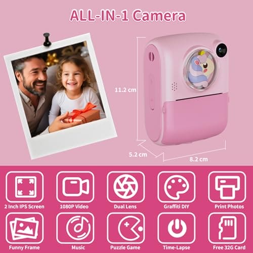 Kids Camera, Instant Print Camera for 3-12 Year Old Girls, Digital Selfie Camera for Kids Children Camera Toys with 32GB Card 1080P, Christmas Birthday Gifts for Age 3 4 5 6 7 8 9 Years Old Girls