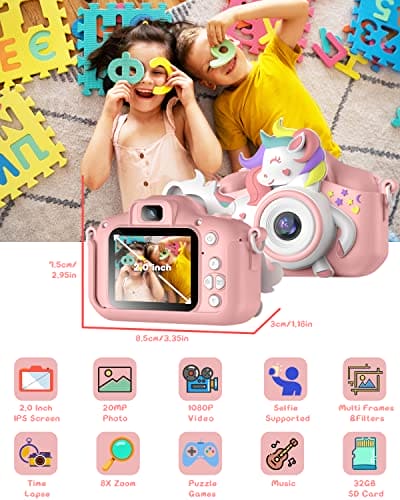 Kids Camera, Gofunly Kids Camera for Girls, 1080P HD 2.0 Inch Screen Kids Digital Camera with 32GB SD Card, Birthday Christmas Kids Toys Gifts Selfie Childrens Camera for Kids Age 3-12 Years Old Girls