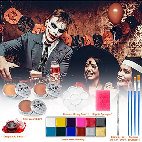 immetee SFX Makeup Kit, Special Effect Face Body Paint Halloween Makeup Christmas Gift, Face Paint Oil Palette+3 Scar Wax+1 Fake Blood+4 Paint Brushes+1 Spatula+1 Stipple Sponge+1Palette.