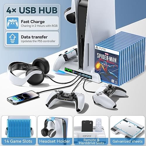 PS5 Stand and Cooling Station with RGB LED Controller Charging Station for Playstation 5 Console, 2H Fast PS5 Controller Charger, PS5 Accessories with 3 Levels Cooling Fan/Headset Holder, 3 USB Hub