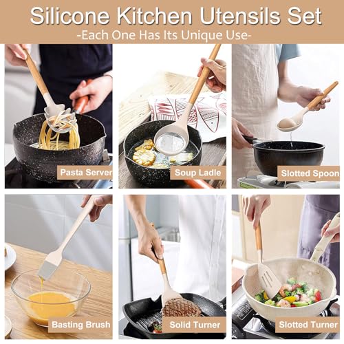 Silicone Kitchen Utensils Set, 28pcs Silicone Kitchen Cooking Utensils Set, Kitchen Tools Spatula Set with Holder for Nonstick Heat Resistant Cookware, Khaki