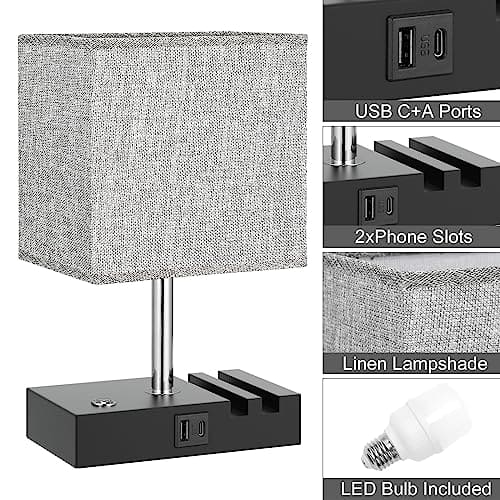 Touch Bedside Lamps with USB C+A Charging Ports 2 Phone Slots, 3-Way Dimmable Table Lamp, Grey Touch Bedside Nightstand Lamp with Linen Shade for Bedroom Living Room Study Office (LED Bulb Included)