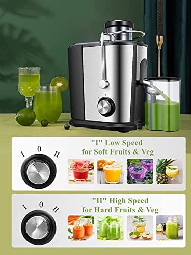 Juilist Juicer, 600W Juicer Machines with Anti-drip & Anti-slip Function, Juicers Whole Fruit and Vegetable with 3-Inch Wide Mouth Food Chute, 2 Speeds, Recipe Included, Easy to Clean