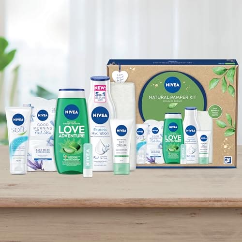 NIVEA Natural Pamper Kit Skincare Regime Gift Set, Women's Gift Set Includes Shower Gel, Day Cream, Face Mask, Body Lotion, Lip Scrub, Moisturiser and Face Cloth