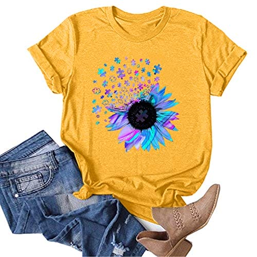 T Shirt for Women Funny Graphic Print Tunic Tops Short Sleeve Crewneck Shirts Loose Casual T-Shirt - Women's Casual Sunflower Printing Short Sleeves Tops Round Neck Loose T-Shirt Blouse Tops