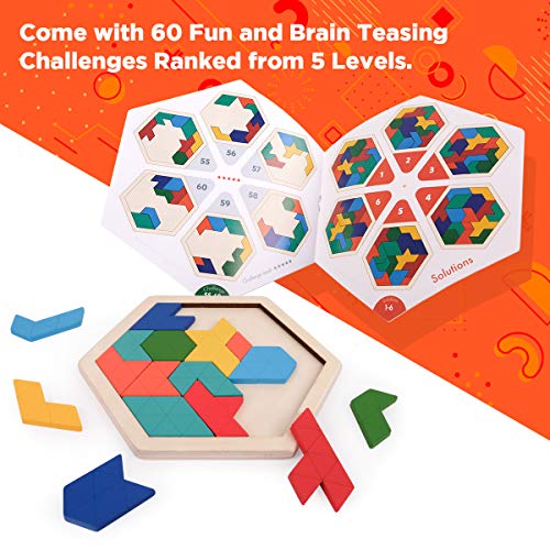 Coogam Wooden Kids Puzzle - Hexagon Shape Pattern Tetris Block Tangram Logic IQ Game STEM Montessori Brain Teaser Toy Gift for Teenagers