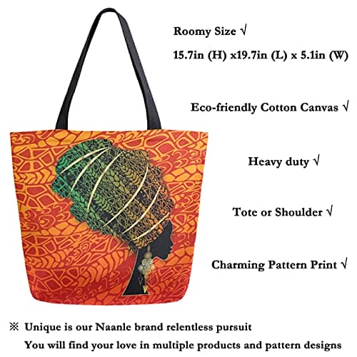 Naanle Africa Canvas Tote Bag Large Women Casual Shoulder Bag Handbag, African Girl Reusable Multipurpose Heavy Duty Shopping Grocery Cotton Bag for Outdoors