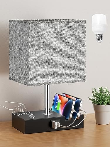 Touch Bedside Lamps with USB C+A Charging Ports 2 Phone Slots, 3-Way Dimmable Table Lamp, Grey Touch Bedside Nightstand Lamp with Linen Shade for Bedroom Living Room Study Office (LED Bulb Included)