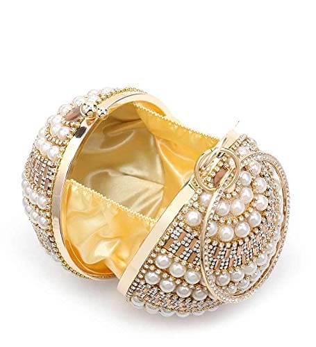 FoxLady Women's Sparkling Crytals Pearl Studded Ball Shape Evening Clutch Bag (Gold)