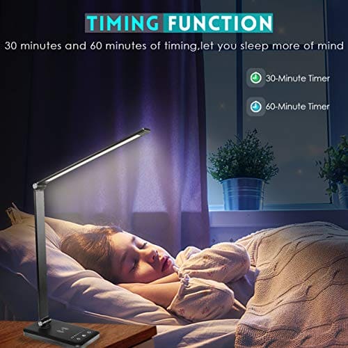 BIENSER LED Desk Lamp with Wireless Charger, USB Charging Port, Table Lamp with 10 Brightness, 5 Lighting Colors, Dimmable Eye-Caring Desk Lamps for Home Office, Touch Control, 30/60min Auto Timer