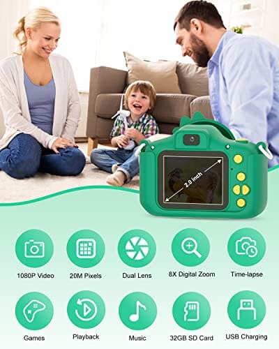 Hangrui Kids Camera, 20MP Kids Digital Dual Lens Camera with Silicone Case 2.0 Inch IPS Screen 1080P Video Camcorder, 32GB SD Card,Shockproof Childrens Camera Toy for Boys & Girls Age 3-12(Green)