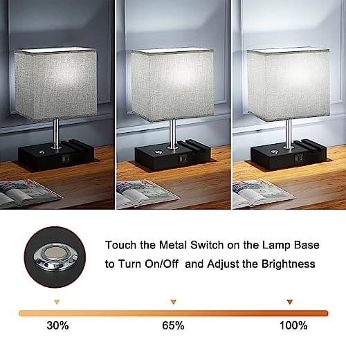 Touch Bedside Lamps with USB C+A Charging Ports 2 Phone Slots, 3-Way Dimmable Table Lamp, Grey Touch Bedside Nightstand Lamp with Linen Shade for Bedroom Living Room Study Office (LED Bulb Included)