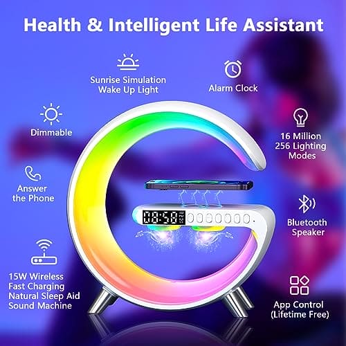 G Lamps with Wireless Charger, 15W Bedside Lamp, RGB Color Changing Mood Light with Alarm Clock, Dimmable, Bluetooth Speaker and App Control, Smart Speaker Lamp for Bedroom