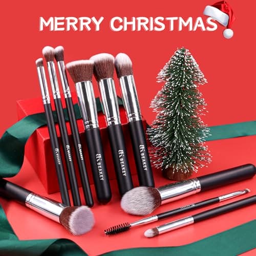 BEAKEY Diversity Makeup Brushes 12 Pcs Makeup Kit, Premium Synthetic Kabuki Foundation Face Powder Concealers Eyeshadow Blush Brushes Makeup Brush Set, with 2pcs Blender Sponges (Black/Silver)