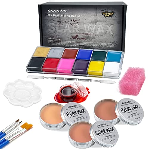 immetee SFX Makeup Kit, Special Effect Face Body Paint Halloween Makeup Christmas Gift, Face Paint Oil Palette+3 Scar Wax+1 Fake Blood+4 Paint Brushes+1 Spatula+1 Stipple Sponge+1Palette.