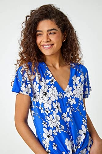 Roman Originals Floral Print Tie Front Top for Women UK - Ladies Everyday Holiday Spring Summer V Neckline Comfy Soft Evening Vacation Work Party - Royal Blue - Size 20