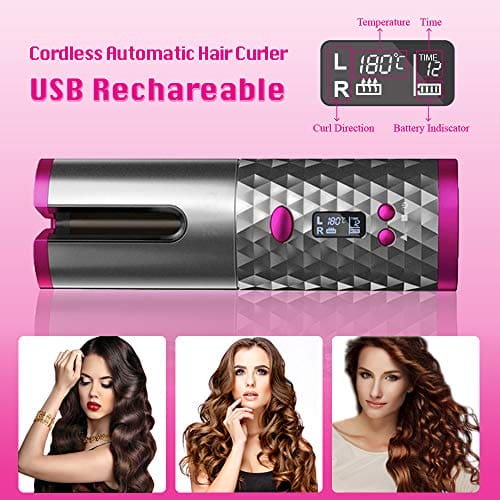 Hair Curler,Rotating Curling Tongs, Curling Iron, Cordless Auto Curler Restriction with Built-in Rechargeable Battery, Ceramic Professional Hair Curler USB Charging and Rechargeable Portable