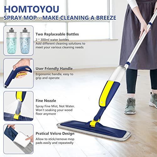 Spray Mop for Cleaning Floors, HOMTOYOU Microfiber Floor Mop Dry Wet Mop with 2 Refillable Bottles and 4 Washable Pads 360° Rotatable Cleaning Mop for Home Kitchen Hardwood Laminate Wood Tiles