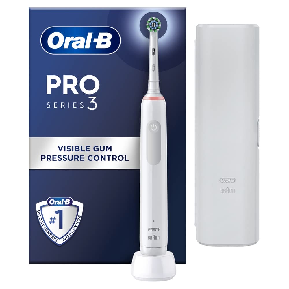 Oral-B Pro 3 Electric Toothbrushes Adults, Christmas Gifts For Women / Him, 1 Toothbrush Head & Travel Case, 3 Modes with Teeth Whitening, 2 Pin UK Plug, White