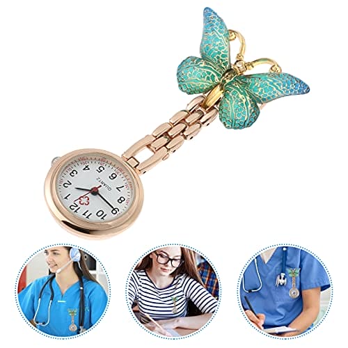 Hemobllo Nurse Watches Plastic Clip On Nursing Quartz Watches Butterfly Shape Lapel Pin on Brooch Fob Watches Round Hanging Watches for Decoration Green