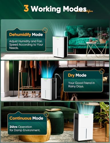 Dehumidifier for Home - Dehumidifiers with Drain Hose for Large Room, Bathroom, Closet, Intelligent Humidity Control, Auto Shut Off Protection, 3 Modes Deshumidificador