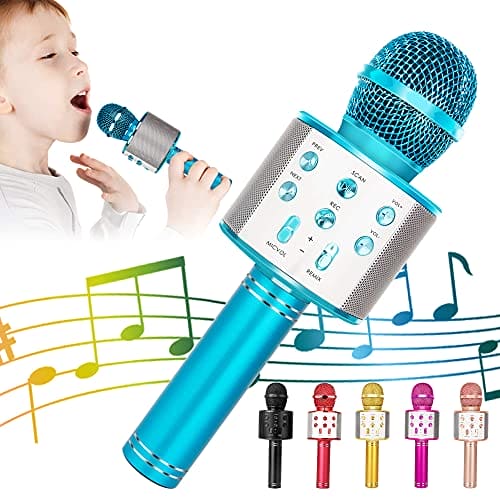 KIDWILL Karaoke Wireless Bluetooth Microphone for Kids, 5-in-1 Portable Handheld Karaoke Mic Speaker Player Recorder with Adjustable Remix FM Radio for Kids Adults Birthday Party KTV Christmas (Blue)