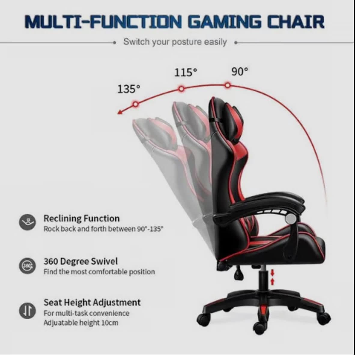 Gaming Chair Ergonomic Computer Chair Office Chair Desk Swivel Chair Adjustable Reclining Footrest Cushion Red New!