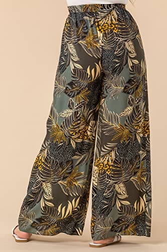 Roman Originals Women Tropical Print Wide Leg Trouser - Ladies Spring Everyday Summer Holiday Elastic Waist Soft Lightweight Comfy Cruise Vacation Loose Relaxed Bottoms - Green - Size 16