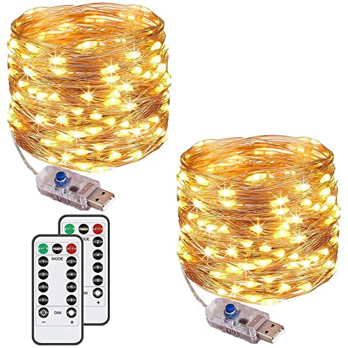 [2 Pack] Fairy String Lights, 120LED 12M/40Ft 8 Modes USB Plug in Powered Lights Waterproof Outdoor/Indoor Copper String Lights with Remote Timer for Bedroom, Party, Christmas (Warm White)