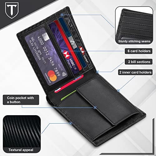 TEEHON® Wallets Mens, Leather Wallet, RFID Blocking Wallet, Wallets for Men UK with Coin Pocket, 2 Banknote Compartments, 8 Card Holders, Mens Wallet with Gift Box