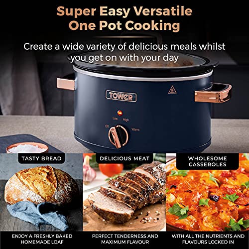 Tower T16042MNB Cavaletto 3.5 Litre Slow Cooker with 3 Heat Settings, Removable pot and Cool Touch Handles, Midnight Blue and Rose Gold