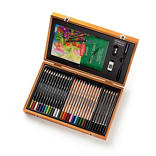 Derwent Academy Wooden Gift Box,Complete 35 Piece Art Set with Colouring Pencils,Pastels & Accessories, Ideal Collection for Drawing, Sketching & Crafts, Premium Hobbyist Quality Kit, 2300147