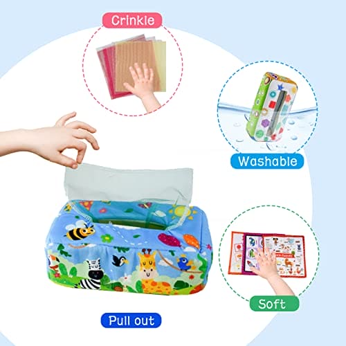 Coriver Tissue Box Toys, Magic Tissue Box Toy with 3 Crinkle Tissue Papers and 8 Scarves, Special Needs Developmental Toys Sensory Toys for Babies, Baby Toys for 0-6 6-12 Months