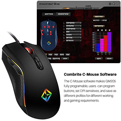 Combrite Gaming Mouse USB Wired, Rainbow LED Light, 7 Programmable Buttons, Chroma RGB Backlit, 4800 DPI Adjustable, Comfortable Grip Ergonomic Optical PC Computer Gaming Mice, Black