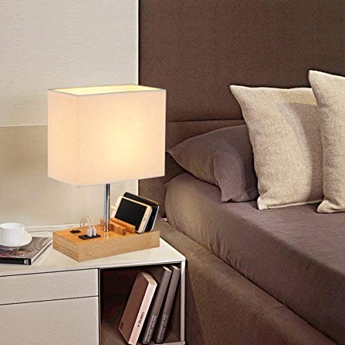 USB Bedside Table Lamp, HHome Plus Desk Lamp with 3 USB Charging Ports and Phone Charge Dock, Wood Charging Station and Organizer, Perfect Light for Bedroom, Guest Room, Living Room, Office