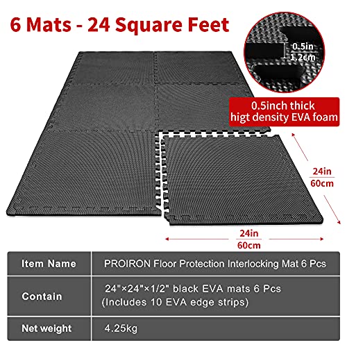 PROIRON Floor Protection Interlocking Mat 6 Pcs Large 60x60 cm Gym Floor EVA Foam Mat Tiles Thick 1 cm for Kids Exercise Fitness Outdoor Floor Covering Rubber Floor Mat for Workout Garage