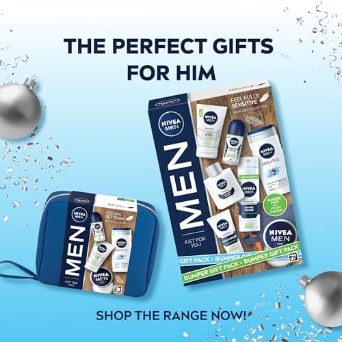 NIVEA MEN Feeling Set To Go Sensitive Care Kit Gift Set, Men's Gift Set Includes Face Wash, Shower Gel, Anti-Perspirant and Moisturiser, Men's Skincare