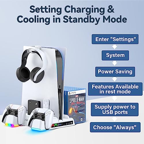 PS5 Stand and Cooling Station with RGB LED Controller Charging Station for Playstation 5 Console, 2H Fast PS5 Controller Charger, PS5 Accessories with 3 Levels Cooling Fan/Headset Holder, 3 USB Hub