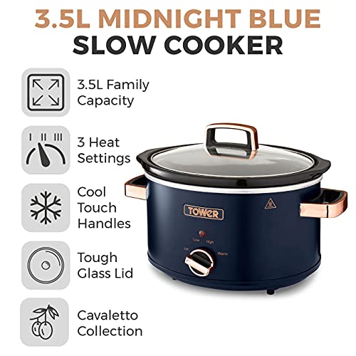 Tower T16042MNB Cavaletto 3.5 Litre Slow Cooker with 3 Heat Settings, Removable pot and Cool Touch Handles, Midnight Blue and Rose Gold