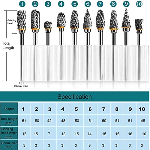 Tungsten Carbide Steel Double Cut Rotary Burrs Set for Rotary Tool, 10pcs 1/8 inches Shank Fits Rotary Tool for Grinder Drill, DIY WoodWorking Carving, Metal Polishing, Engraving, Drilling