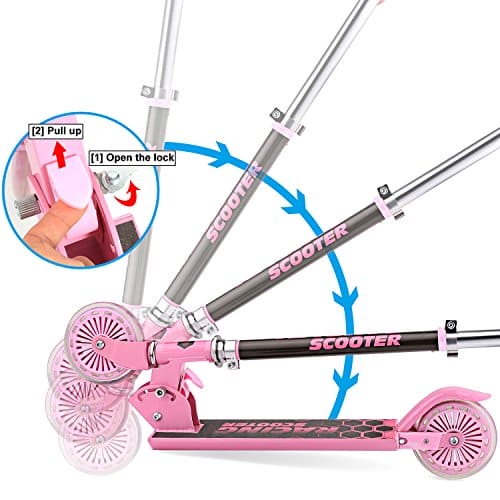 WeSkate Scooter for Kids with LED Light Up Wheels, Adjustable Height Kick Scooters for Boys and Girls Ages 3-10, Rear Fender Break, Folding Kids Scooter, 110lb Weight Capacity (Pink)