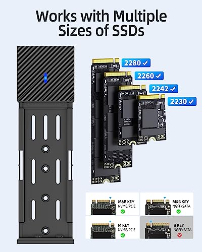 NVMe M.2 SSD Enclosure with 10Gbps Transmission, USB3.2 NVME SATA SSD Enclosure Adapter for 2230 2242 2260 2280 M.2 PCIe NVMe M-Key & M+B Key SSD (Tool-free, 2-in-1 Cable)