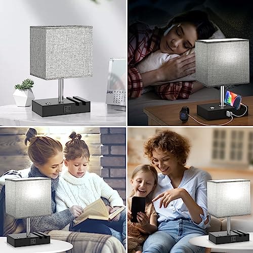 Touch Bedside Lamps with USB C+A Charging Ports 2 Phone Slots, 3-Way Dimmable Table Lamp, Grey Touch Bedside Nightstand Lamp with Linen Shade for Bedroom Living Room Study Office (LED Bulb Included)