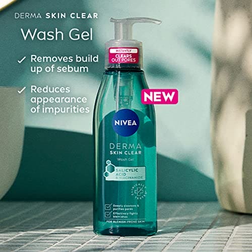 NIVEA Derma Skin Clear Wash Gel (150ml), Deep Cleansing Salicylic Acid Face Wash Enriched with Niacinamide to Cleanse Pores and Remove Impurities, For Blemish-Prone Skin