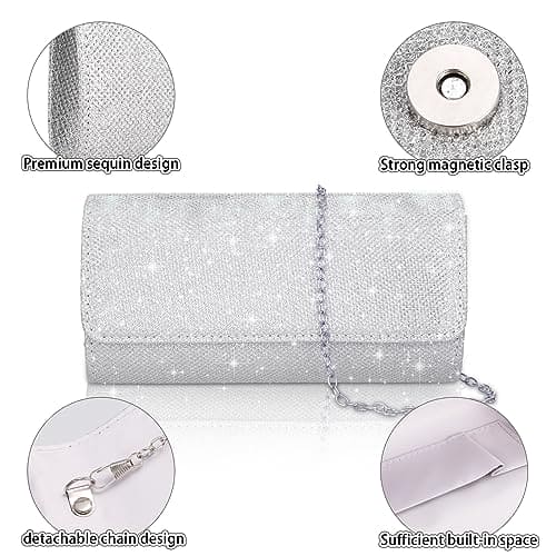 Firtink Women Clutch Bag, Shiny Evening Bags Sliver Clutches Handbags Glitter Purse with Detachable Chain, Envelope Handbag Body Shoulder Bags Wallet for Women Bridal Prom Party Wedding