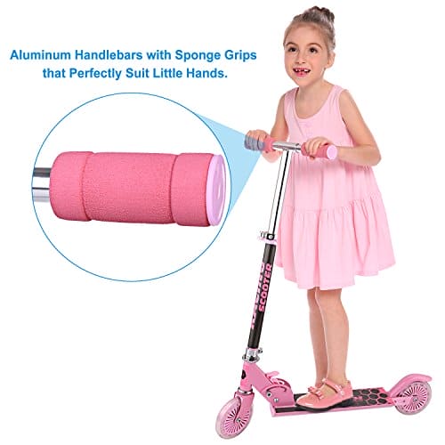 WeSkate Scooter for Kids with LED Light Up Wheels, Adjustable Height Kick Scooters for Boys and Girls Ages 3-10, Rear Fender Break, Folding Kids Scooter, 110lb Weight Capacity (Pink)