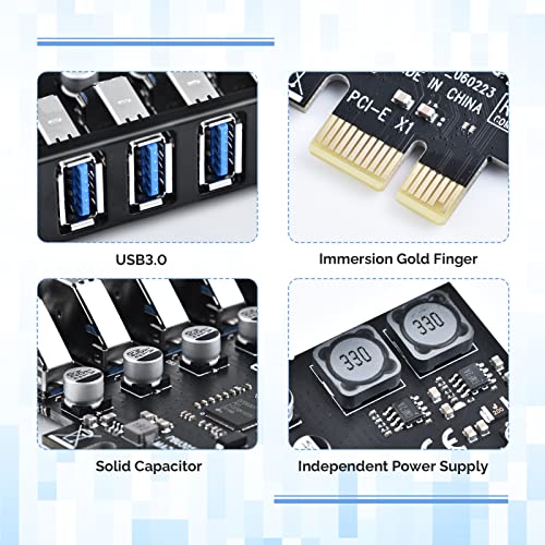 ELUTENG PCIE USB 3.0 Card, PCIE Expansion Card 7 Port PCI-e USB 3.0 Card Super Fast 5Gbps PCI-E to USB 3.0 Expansion Card Adapter Support PCI-E X1 X4 X8 X16, Support Windows 11/10/8/7/XP