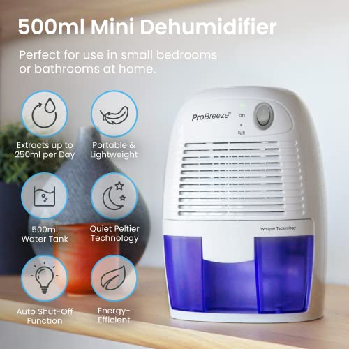 Pro Breeze Dehumidifier 500ml Compact and Portable Mini Air Dehumidifier for Damp, Mould, Moisture in Home, Kitchen, Bedroom, Caravan, Office, Garage, Bathroom, Basement