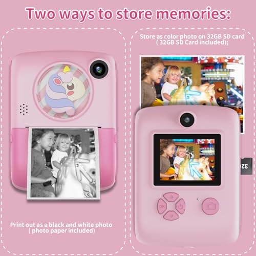 Kids Camera, Instant Print Camera for 3-12 Year Old Girls, Digital Selfie Camera for Kids Children Camera Toys with 32GB Card 1080P, Christmas Birthday Gifts for Age 3 4 5 6 7 8 9 Years Old Girls